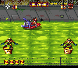 Zero the Kamikaze Squirrel (SNES) screenshot: Loyal henchmen hold the fort in the toxic stream