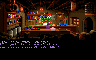 Simon the Sorcerer (Amiga CD32) screenshot: Talking to ye shoppekeeper.