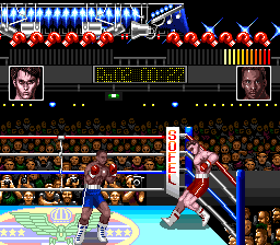 TKO Super Championship Boxing (SNES) screenshot: Knocked down against the ropes
