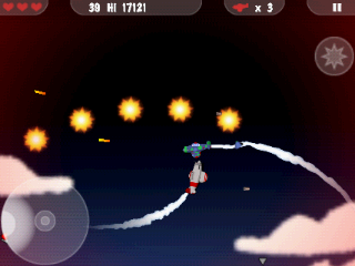 MiniSquadron (Android) screenshot: This enemy planes launches a cascade of fireballs above my head