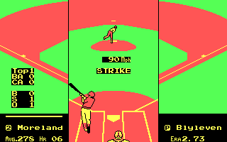 R.B.I. Baseball 2 (DOS) screenshot: Strike with 90mph (CGA)