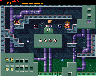 Naughty Ones (Amiga) screenshot: The boss at the end of level one spews particles out at you.