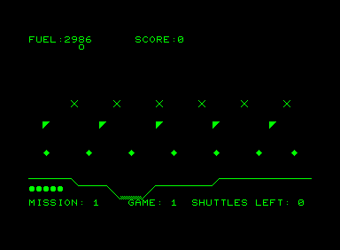 Rescue! (Commodore PET/CBM) screenshot: Higher difficulty. I only have a single shuttle to work with in addition to the increased number of obstacles