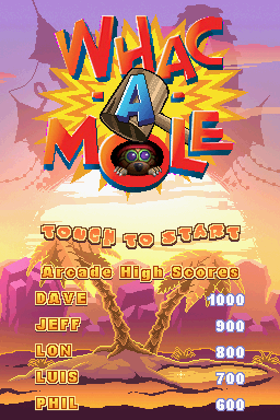 Whac-A-Mole (Nintendo DS) screenshot: Title screen with today's high scores...