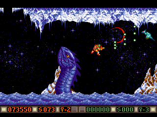 Blood Money (Amiga) screenshot: Planet 3, beautiful water and enemy animations