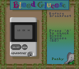 Packy & Marlon (SNES) screenshot: Check your blood glucose.