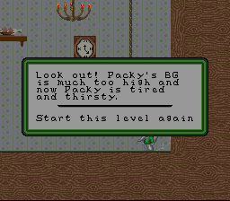 Packy & Marlon (SNES) screenshot: You shouldn't subdue to your to your gamer habits and collect every item you see, or you will have to start the level all over again (after the boss fight!).