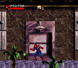 Venom • Spider-Man: Separation Anxiety (SNES) screenshot: Spiderman can get tired too. Get on that elevator instead of running up some stairs.