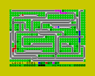 The Train Game (ZX Spectrum) screenshot: Level 3, sub-level 1:<br> 3 different colours for passengers and trains.