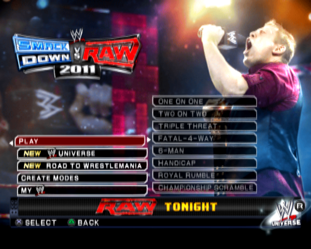 WWE Smackdown vs. Raw 2011 (PlayStation 2) screenshot: Main menu.