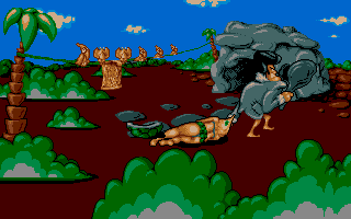 Chuck Rock (Amiga CD32) screenshot: I wonder when the dragging-women-by-the-hair-stereotype started.