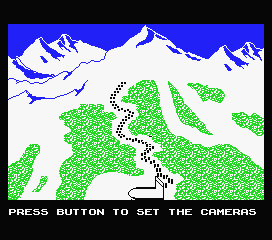 The Games: Winter Edition (MSX) screenshot: A bird's-eye view of the downhill (skiing) course.