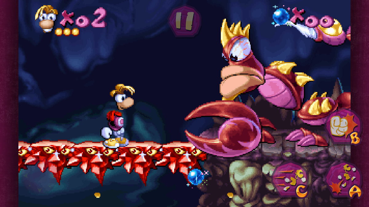 Rayman (Android) screenshot: Beginning of rather long fight with Mr. Skops