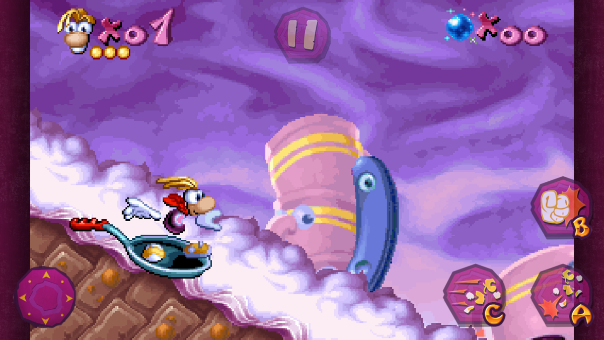 Rayman (Android) screenshot: Riding down a cake's slope on a frying pan? Ok...