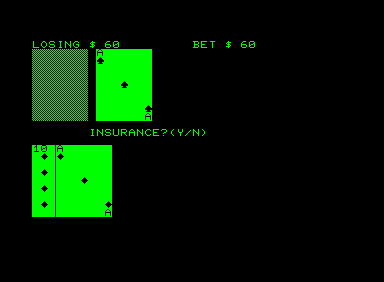 Blackjack (Commodore PET/CBM) screenshot: I need to decide on a side-bet