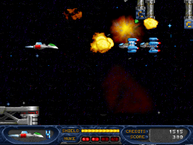 Stargunner (DOS) screenshot: You can blast those crates up top to release bonus items or just points.