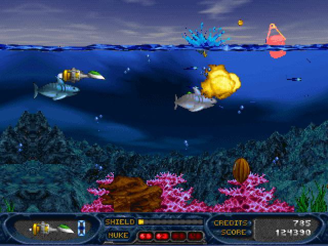 Stargunner (DOS) screenshot: Sharks vs space-ship?
