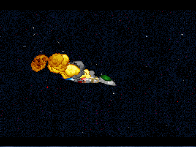 Stargunner (DOS) screenshot: Crashing in outer space cut-scene.
