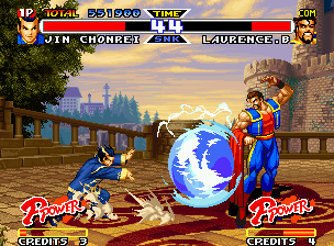 Real Bout Fatal Fury Special (Neo Geo) screenshot: After have found a great opportunity, Chonrei makes a Teio SyukMyo Ken in a "static" Laurence Blood.