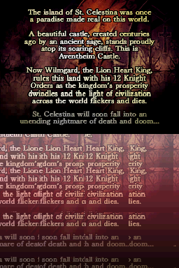 Knights in the Nightmare (Nintendo DS) screenshot: Part of the intro story. Note - the mess on the bottom screen is intentional and is NOT a product of bad emulation.