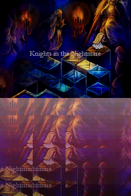 Knights in the Nightmare (Nintendo DS) screenshot: Another intro shot - Armored Maiden kneeling in front of some giant monument.