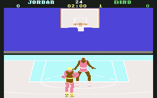 Jordan vs Bird: One on One (Commodore 64) screenshot: Starting a game on one on one. Bird has the ball.