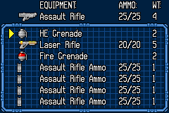 Rebelstar: Tactical Command (Game Boy Advance) screenshot: Equipment