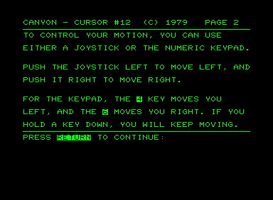 Canyon (Commodore PET/CBM) screenshot: Controls