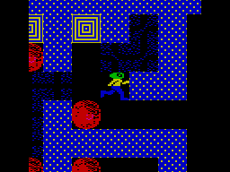 Repton Mania (ZX Spectrum) screenshot: Teleporters (top) take Repton to different parts of the map