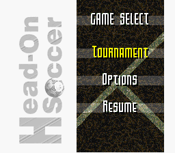 Head-On Soccer (SNES) screenshot: Title screen and main menu (US version)