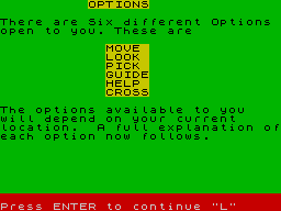 Rescue (ZX Spectrum) screenshot: Options explained
