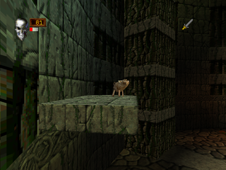 Ian Livingstone's Deathtrap Dungeon (PlayStation) screenshot: The war pig, an explosive hog that runs directly to the enemy.
