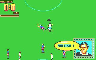 Rick Davis's World Trophy Soccer (Atari ST) screenshot: Speech bubbles are used frequently
