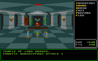 Rings of Zilfin (Atari ST) screenshot: Fanatic worshippers attack you in the Temple of Lord Dragos. Prepare to defend yourself and find valuable item in the Temple.
