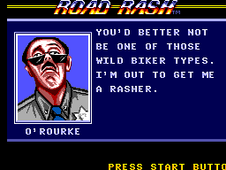 Road Rash (SEGA Master System) screenshot: O'Routke gives "advice"