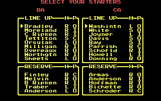 R.B.I. Baseball 2 (DOS) screenshot: Select Your Starters (CGA)