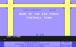Jeopardy!: New Sports Edition (Commodore 64) screenshot: ...then type in the correct response.