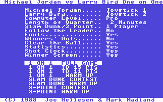 Jordan vs Bird: One on One (Commodore 64) screenshot: Main menu
