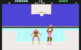 Jordan vs Bird: One on One (Commodore 64) screenshot: Jordan shoots.