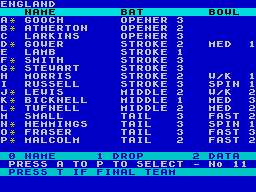 Robin Smith's International Cricket (ZX Spectrum) screenshot: England squad after selection