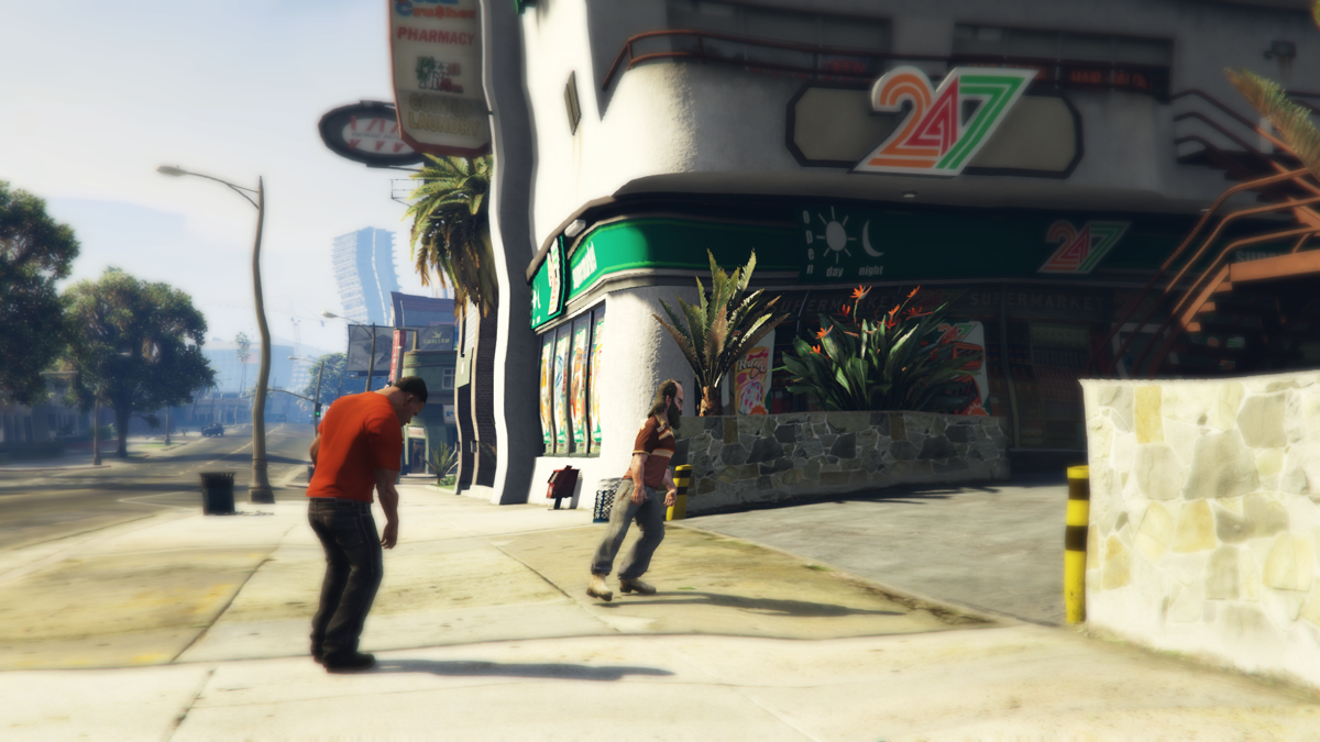 Grand Theft Auto V (Windows) screenshot: Drinking with Franklin and Trevor