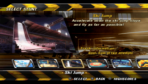 FlatOut: Head On (PSP) screenshot: Selecting a new stunt event.