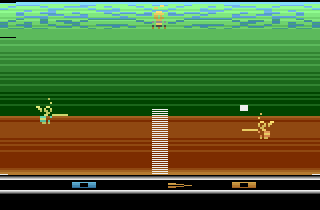 Bee-Ball (Atari 2600) screenshot: The ball has been served to one of the bees.
