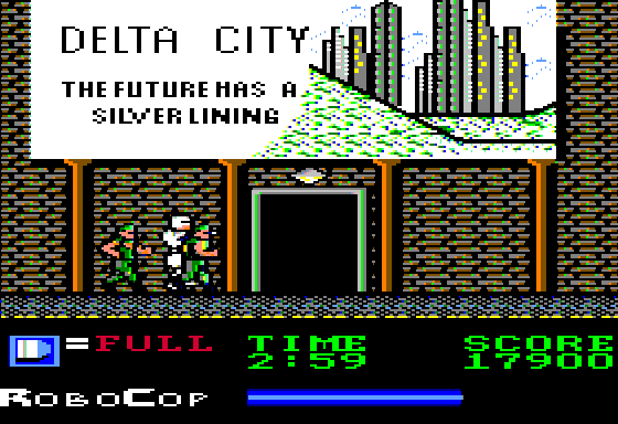 RoboCop (Apple II) screenshot: Gotta love the propaganda