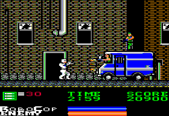 RoboCop (Apple II) screenshot: Level 2 Boss is a van (from the movie?)