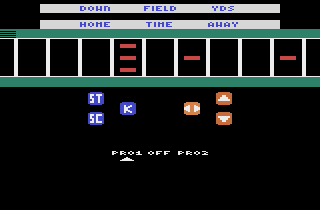 BLiP FOOtBaLL (Atari 2600) screenshot: A game in progress. You cannot see the offensive player due to screen flicker but he is red.