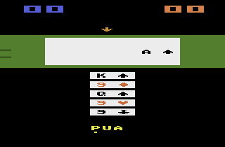 Euchre (Atari 2600) screenshot: West has thrown down an ace of spades. What will I do?