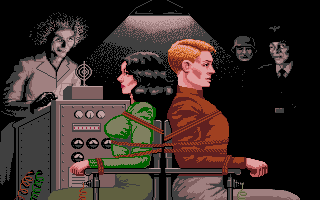 Rocket Ranger (Atari ST) screenshot: Tied up along with Jane in electric chairs. And are about to be grilled by Nazi goons.