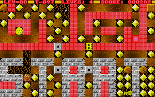 Rockfall 2: The Perils of Spud (Atari ST) screenshot: Digging and collecting diamonds