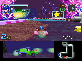 Mega Man Battle & Chase (PlayStation) screenshot: Racing against Shadow Man in a stage filled with hazards like spikes, slippery floors and jumps.